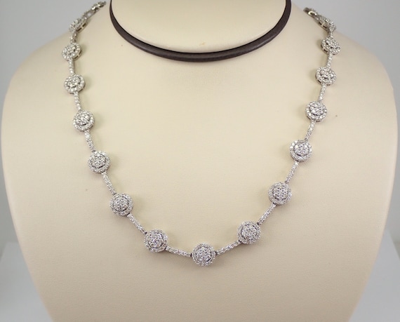 14K White Gold Diamond Tennis Necklace - Unique Cluster Halo Choker - GalaxyGems Fine Jewelry Gift