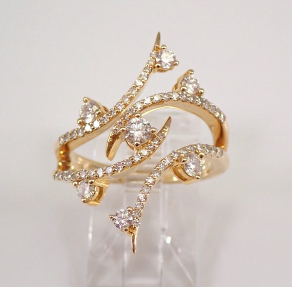 Unique Diamond Right Hand Ring - 14k Yellow Gold Modern Cocktail Design - Nature Inspired Crossover Branch Twig