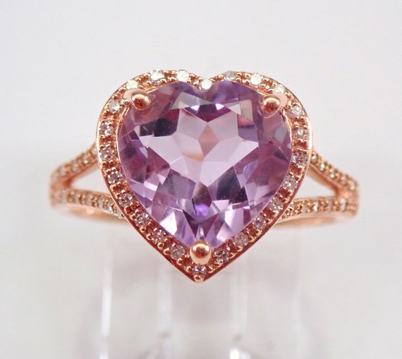 Rose Gold 3ct Diamond and Heart Amethyst Halo Engagement Ring - Unique February Gemstone Jewelry