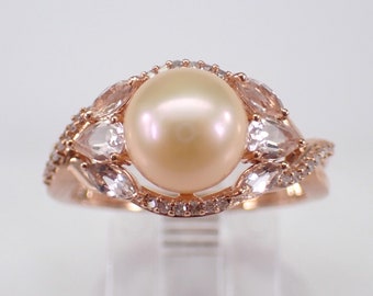 Pearl and Morganite Engagement Ring - Rose Gold Bridal Diamond Setting - GalaxyGems Gemstone Fine Jewelry Gift
