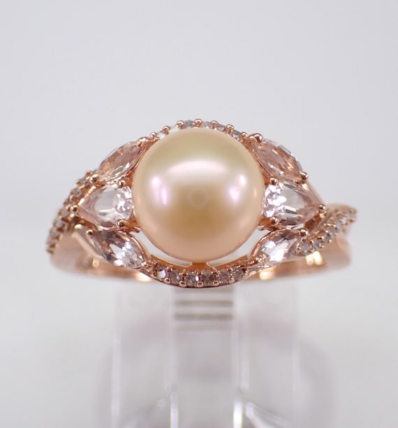 Pearl and Morganite Engagement Ring - Rose Gold Bridal Diamond Setting - GalaxyGems Gemstone Fine Jewelry Gift