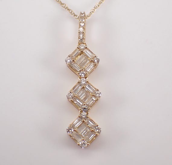 Yellow Gold Diamond Pendant and Chain - Long Dangle Lariat Charm Necklace - Unique Bridal Cluster Fine Jewelry Gift