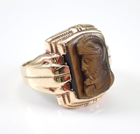 Tigers Eye Intaglio Ring, Solid Yellow Gold Solit… - image 2