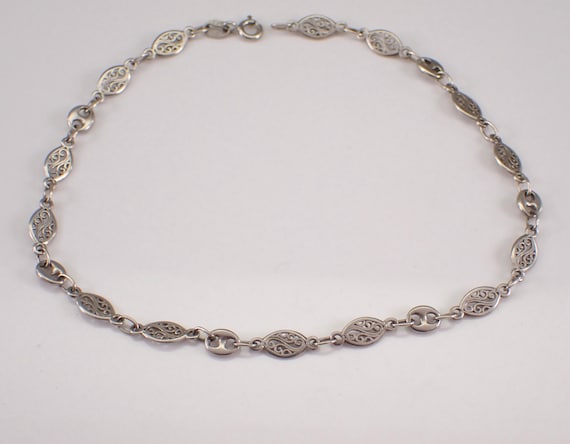 Vintage Sterling Silver Anklet Bracelet: Unique Filigree Station Charms