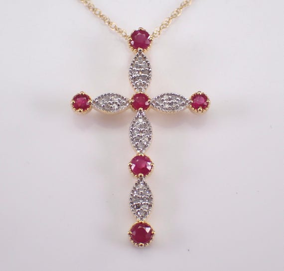 Ruby and Diamond Cross Necklace - Yellow Gold Religious Charm Pendant - Unique Gemstone Fine Jewelry Gift