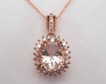 Morganite and Diamond Pendant Necklace - Solid Rose Gold Halo Charm Setting - Pink Gemstone Fine Jewelry Gift