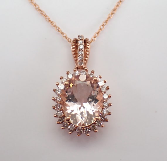 Morganite and Diamond Pendant Necklace - Solid Rose Gold Halo Charm Setting - Pink Gemstone Fine Jewelry Gift