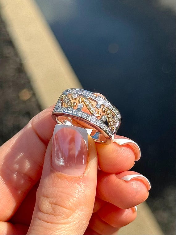 Two Tone Gold Diamond Anniversary Band - Unique Stackable Wedding Ring - Bridal Fine Jewelry Gift