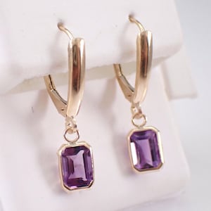 Yellow Gold Amethyst Earrings - Vintage Antique Fine Jewelry Gift - Unique Dangle Drop Leverback Clasps
