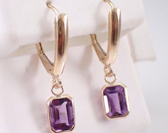 Yellow Gold Amethyst Earrings - Vintage Antique Fine Jewelry Gift - Unique Dangle Drop Leverback Clasps