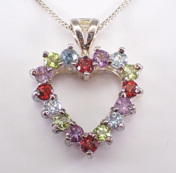 Vintage Sterling Silver Heart Choker Necklace, Multi Color Gemstone Slide Charm Pendant and Chain