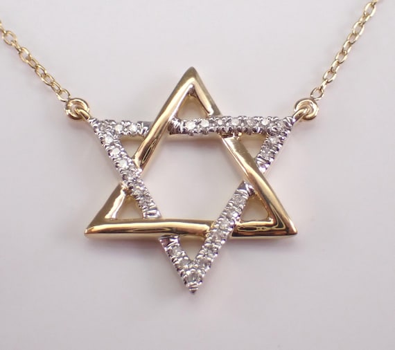 Diamond Star of David Station Necklace - Yellow Gold Jewish Pendant Charm and Chain