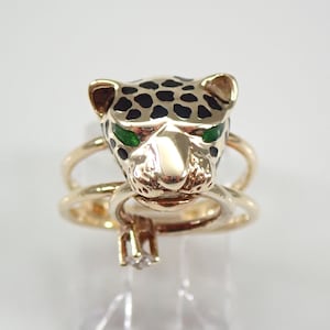 14K Yellow Gold PANTHER Ring - Unique Vintage Estate Jaguar Band - Enamel and Diamond Cougar Animal Eyes