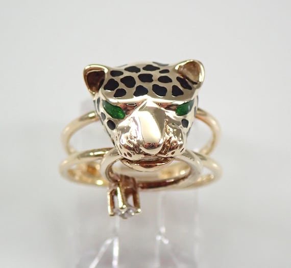 14K Yellow Gold PANTHER Ring - Unique Vintage Estate Jaguar Band - Enamel and Diamond Cougar Animal Eyes