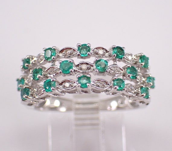 Emerald and Diamond Wedding Ring - White Gold Bridal Anniversary Band - May Birthstone Gemstone Gift