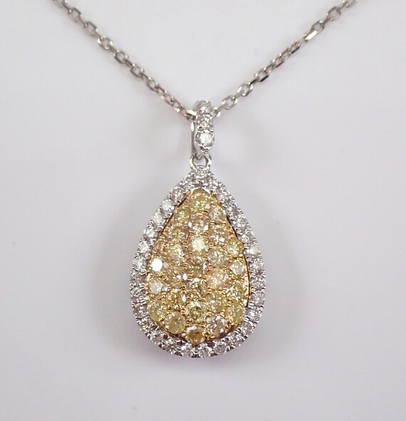 Teardrop Canary Yellow Diamond Pendant - Solid 14k White Gold Cluster Necklace and Chain - GalaxyGems Fine Jewelry