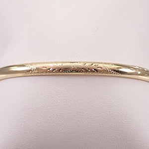 14K Yellow Gold Bangle Bracelet, Estate Vintage Fine Jewelry Gift, Engraved Textured Stackable Cuff