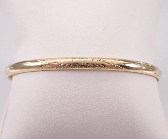 14K Yellow Gold Bangle Bracelet, Estate Vintage Fine Jewelry Gift, Engraved Textured Stackable Cuff
