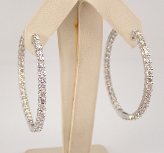 14K White Gold 6 Ct Diamond Hoop Earrings Genuine Inside and Out