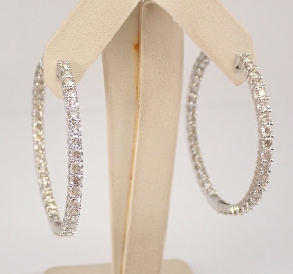 14K White Gold 6 ct Diamond Hoop Earrings - Genuine Inside and Out All Around