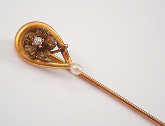 Antique Art Deco 14K Yellow Gold Old Miner Diamond and Pearl Flower Stick Pin Brooch