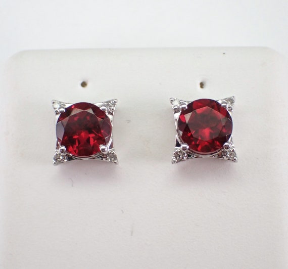 Garnet and Diamond Stud Earrings - White Gold Gemstone Studs - January Birthstone Jewelry Gift