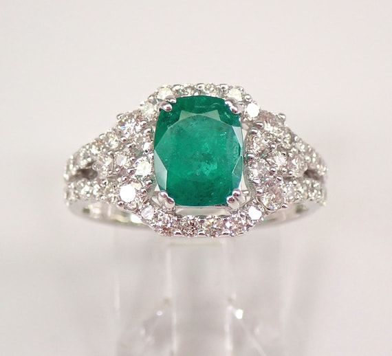 18K White Gold Emerald Engagement Ring, Diamond Halo Bridal Setting, May Gemstone Birthstone Jewelry Gift