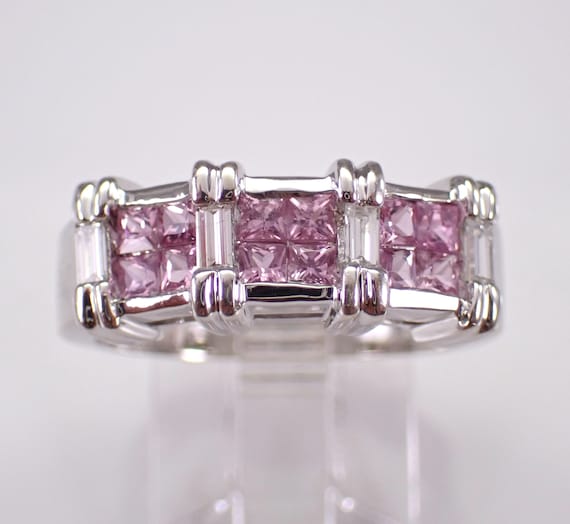 Pink Sapphire and Diamond Wedding Ring - 14k White Gold Fine Jewelry Gift - Square Princess Cut Gemstone Cocktail Band