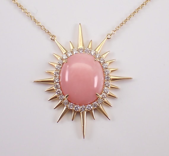 18K Yellow Gold Coral and Diamond Necklace: Starburst Halo Charm Pendant and Choker Chain