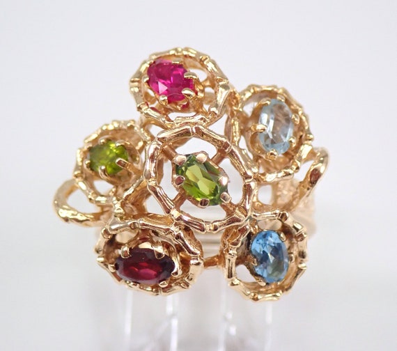 Vintage 14K Yellow Gold Multi Color Genuine Gemstone Ring, Peridot Blue Topaz Garnet and Ruby Mothers Ring