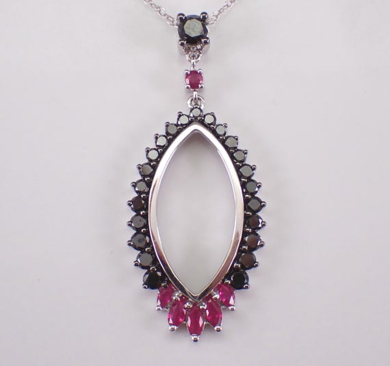 Black Diamond and Ruby Necklace: 14K White Gold Teardrop Charm Pendant and Chain