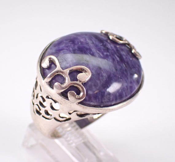 Vintage Sterling Silver Charoite Ring - Large Estate Gemstone Signet Style Band - Unique Right Hand Jewelry Gift