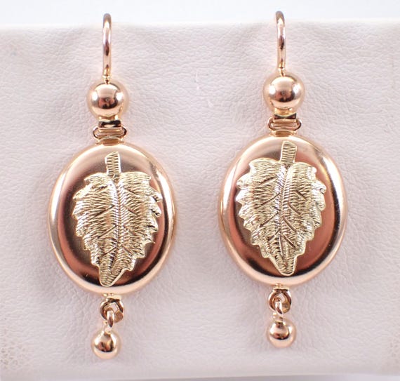 Antique 14K Rose Gold Earrings - Two Tone Yellow Dangle Drops - Vintage Estate Leaf Nature Motif