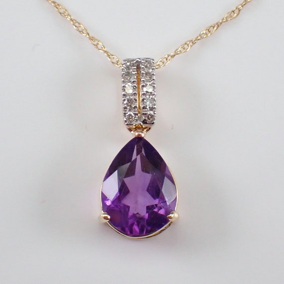 Teardrop Amethyst and Diamond Necklace - 14K Yellow Gold Gemstone Pendant and Chain - February Birthstone Jewelry Gift