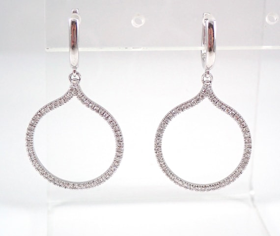 White Gold Diamond Dangle Earrings - Modern Circle Drop Hoops - Bridal Fine Jewelry Gift - Secure English Lock Clasp