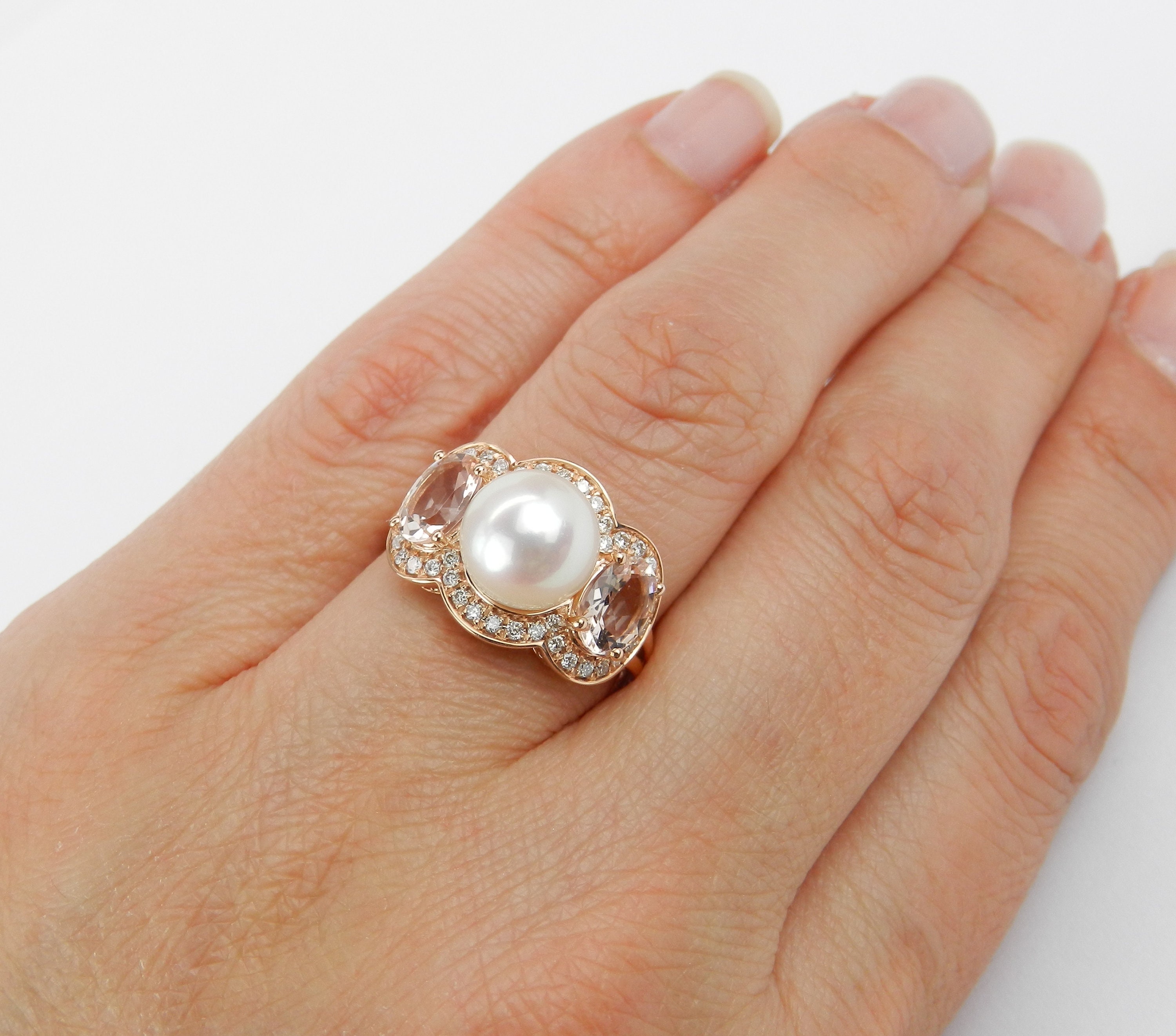 Pearl Engagement Ring, Morganite Engagement Ring, 14K Rose Gold Pearl ...