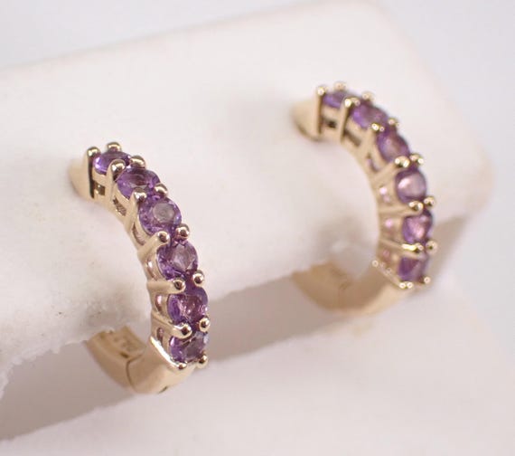 Yellow Gold Amethyst Hoop Earrings: Dainty Little Mini Gemstone Huggies