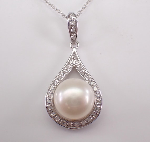 14K White Gold Pearl and Diamond Necklace: Teardrop Halo Charm Pendant and Chain