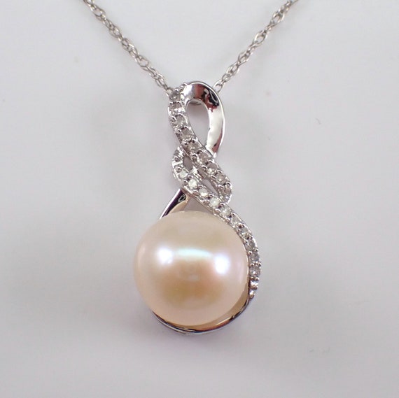 Pearl and Diamond Teardrop Pendant - White Gold Choker Charm Necklace - 18 inch Thin Chain - June Birthstone Jewelry Gift