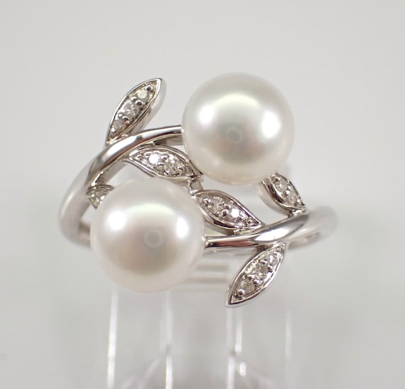 Pearl and Diamond Bypass Ring - 14k White Gold Gemstone Jewelry - June Birthstone Gift