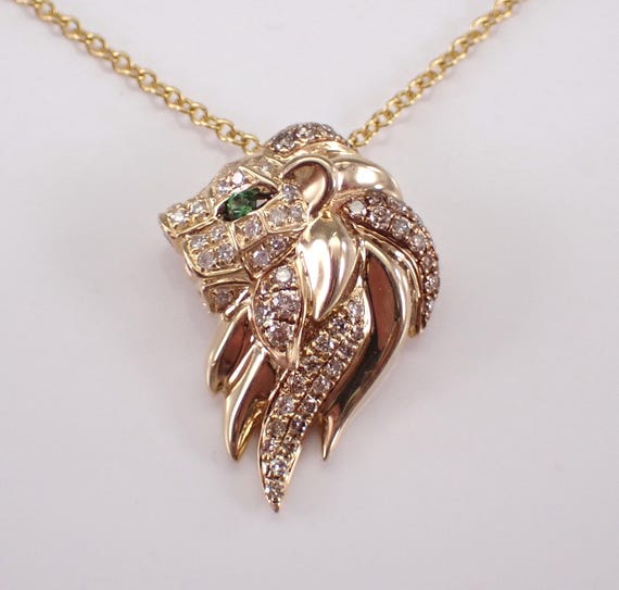 14K Yellow Gold Lion Charm Necklace, Tsavorite Garnet and Diamond Pendant and Chain, Unique Animal Jewelry Gift
