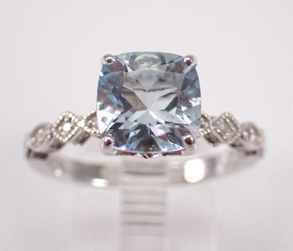 14K White Gold Aquamarine Engagement Ring - Vintage Style Diamond Bridal Setting - Aqua March Birthstone Jewelry Gift