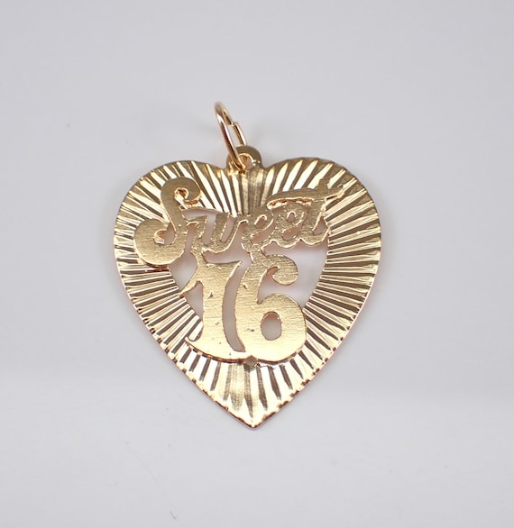 Vintage Heart Sweet 16 Charm Pendant - 14K Yellow Gold Jewelry Gift for Bracelet or Necklace