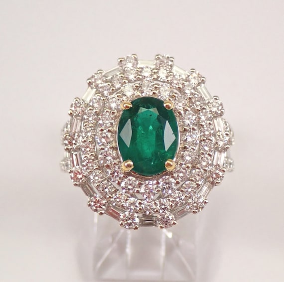 18K White Gold Emerald and Diamond Ring - Large Gemstone Cocktail Ring - May Birthstone Bridal Fine Jewelry Gift