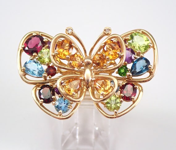 14K Yellow Gold Gemstone BUTTERFLY Ring, Genuine Large Multi Color Band, Citrine Garnet Amethyst Peridot Topaz and Diamond