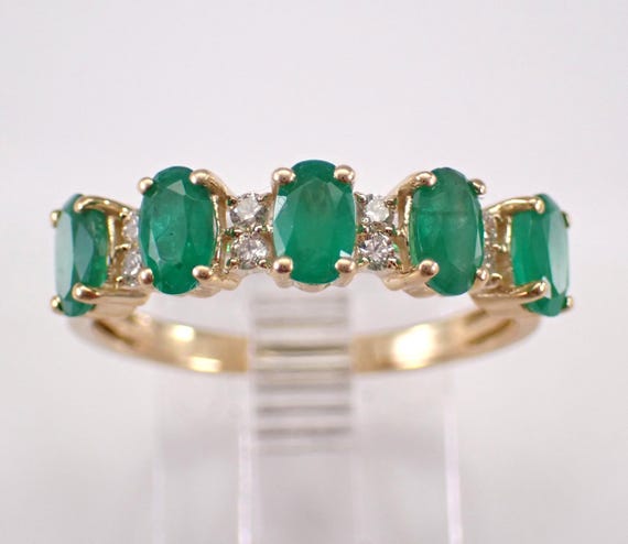 Emerald and Diamond Wedding Ring - Yellow Gold Gemstone Anniversary Band - May Birthstone Fine Jewelry Gift