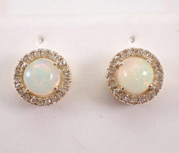 Yellow Gold Opal Stud Earrings, Genuine Diamond Halo Setting, October Birthstone Jewelry Gift