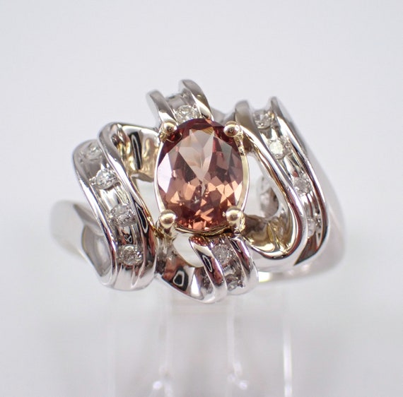 Smokey Topaz and Diamond Ring - 14K White Gold Engagement Setting - Unique Brown Quartz Gemstone Estate Jewelry