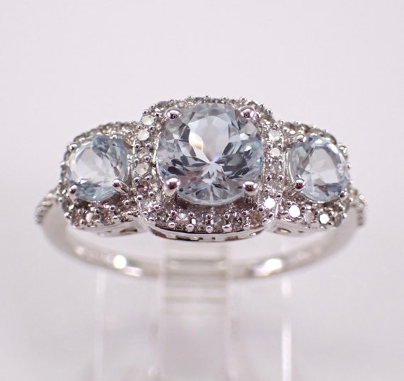 White Gold Aquamarine and Diamond Ring, Three Stone Gemstone Halo Setting, March Birthstone Aqua Jewelry Gift