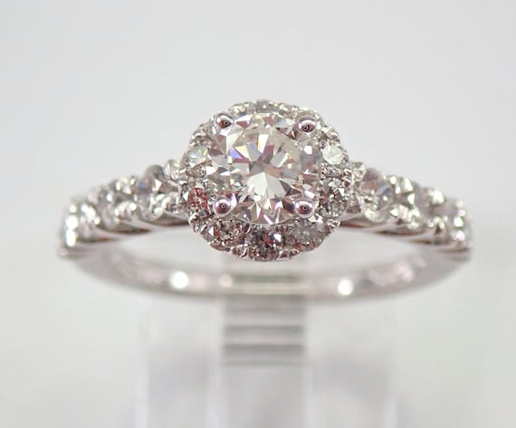 14K White Gold Diamond Engagement Ring - Dainty Halo Bridal Promise Setting - GalaxyGems Fine Jewelry Gift